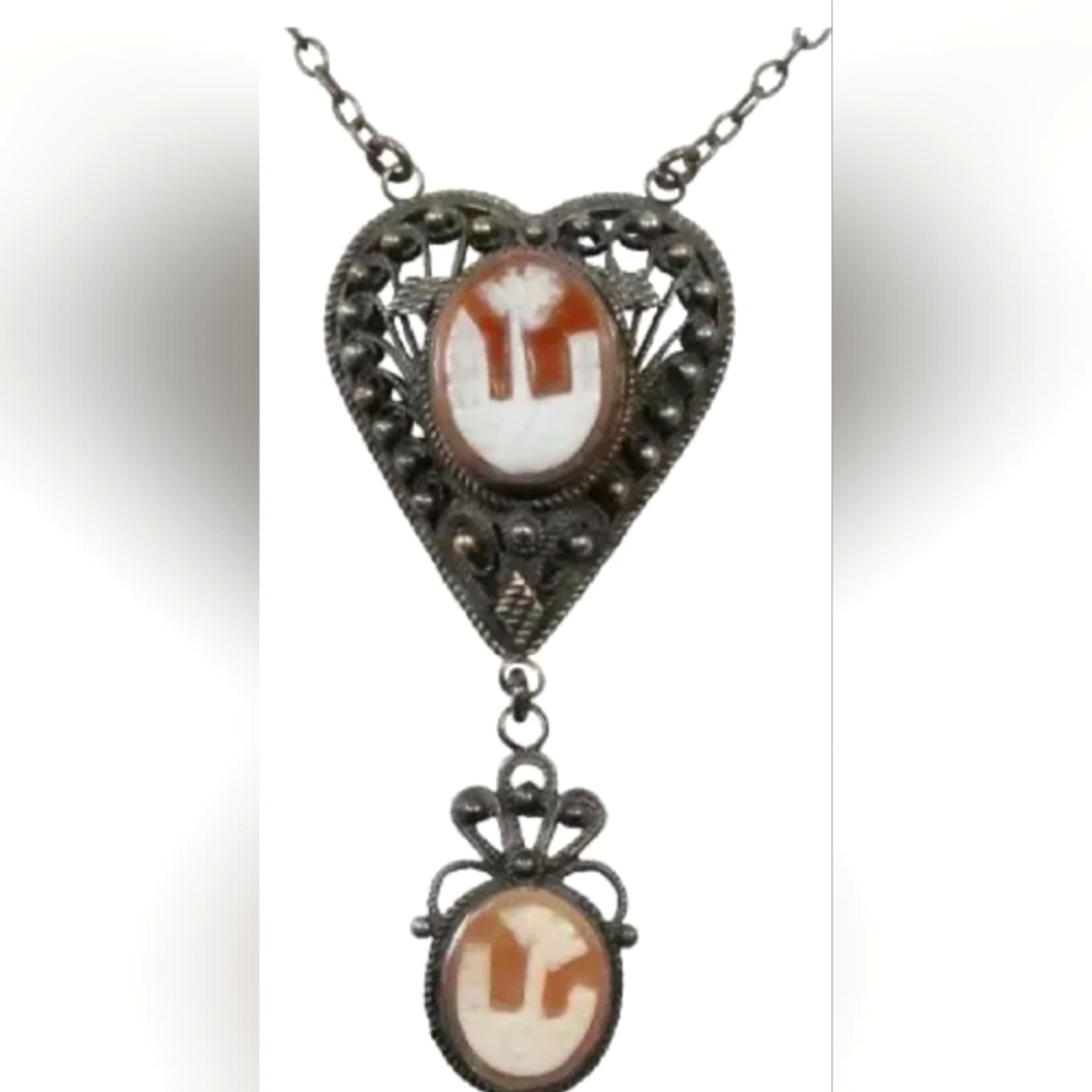 1 Of A Kind - Antique Victorian Sterling Filigree Cameo Scene Laveleir Necklace
